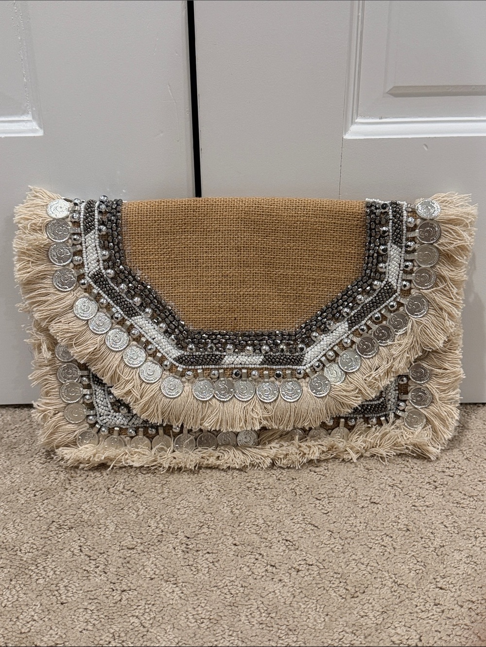 NWT Lulu’s Boho Fringe Coin Embellished Clutch Bag with optional shoulder strap